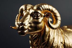 a gold ram statue on a black background photo
