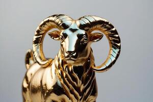 a gold ram statue on a black background photo