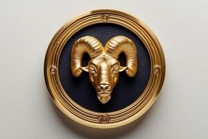 a gold ram head in a circular frame on a white wall photo