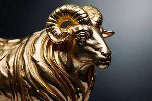 a gold statue of a ram with long horns photo