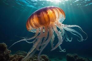 AI generated a jellyfish swimming in the ocean with sunlight shining through photo