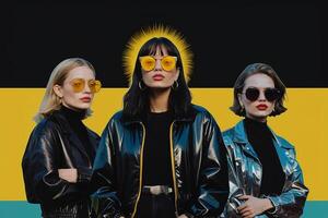 ai generado Tres mujer vistiendo Gafas de sol y negro chaquetas foto