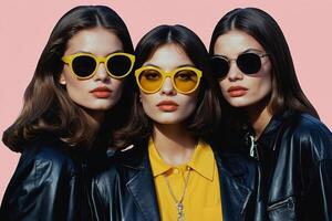 AI generated three women wearing yellow sunglasses and black leather jackets photo