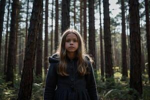 AI generated a young girl standing in the middle of a forest photo