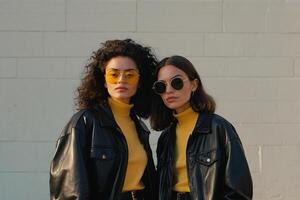 AI generated two women wearing yellow sunglasses standing next to each other photo