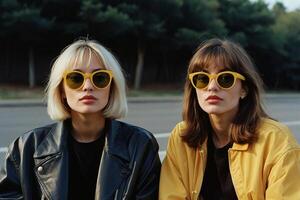 AI generated two women wearing yellow sunglasses standing next to each other photo