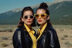 AI generated two women wearing yellow sunglasses standing next to each other photo