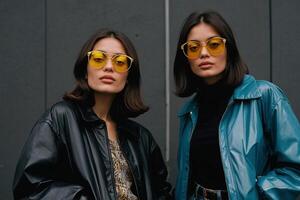 AI generated two women wearing yellow sunglasses standing next to each other photo