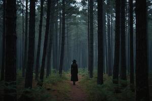 ai generado un persona en un negro sombrero en pie en el medio de un bosque foto