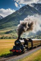 AI generated a steam train traveling through the mountains photo