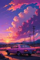 AI generated a purple car is parked on the road at sunset photo