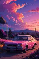 AI generated a pink car is parked on the road at sunset photo