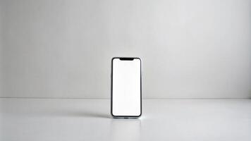 ai generado un iphone con un blanco pantalla en un blanco superficie foto