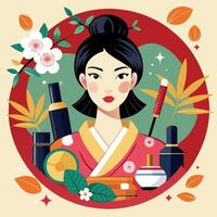 AI generated japanese woman with cosmetics and flowers photo