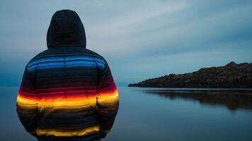 AI generated a person wearing a colorful jacket standing in front of a body of water photo