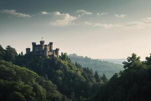 AI generated a castle sits on top of a hill surrounded by trees photo