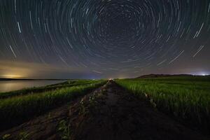 AI generated star trails over the water and grassy field photo