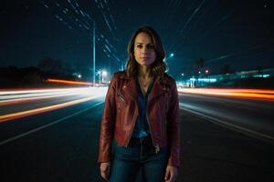 AI generated a woman in a red leather jacket standing on a road at night photo