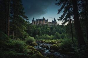 ai generado un castillo se sienta en el medio de un bosque foto