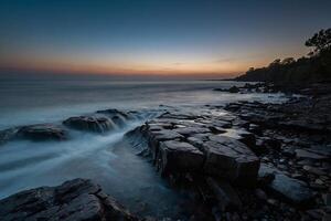 AI generated river flows over rocks at sunset photo