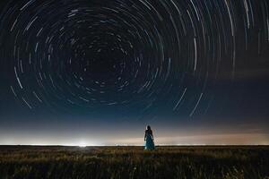 ai generado un mujer en pie en un campo mirando a el cielo foto