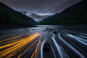 AI generated a river with rocks and light trails in the water photo