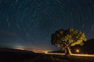AI generated star trails over a tree in the night sky photo