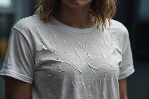 ai generado un mujer vistiendo un blanco t - camisa con un blanco manchar en eso foto