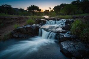 ai generado cascada en el selva a puesta de sol foto