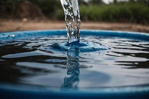 ai generado un azul Cubeta con agua torrencial fuera de eso foto