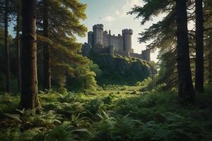 ai generado un castillo se sienta en el medio de un bosque foto