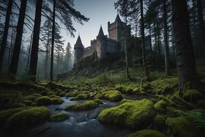 ai generado el castillo es rodeado por arboles y arbustos foto