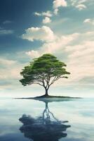 AI generated drawing of a tree on an island with water and clouds photo