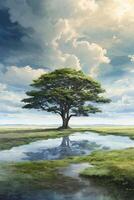 AI generated drawing of a tree on an island with water and clouds photo