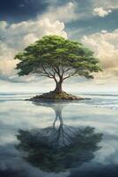 AI generated drawing of a tree on an island with water and clouds photo