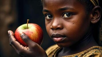 pequeño negro niña con manzana, pobreza concepto foto
