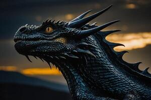 a black dragon with yellow eyes photo