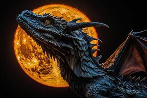 a dragon statue with its wings spread out in front of a full moon photo