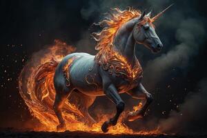 un unicornio con fuego en sus espalda corriendo foto