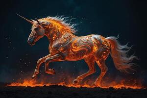 un unicornio con fuego en sus espalda corriendo foto