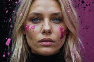 a woman with pink paint splattered on her face photo