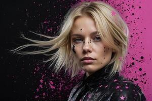 a woman with blonde hair and pink paint splatters photo