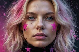 a woman with pink paint on her face photo