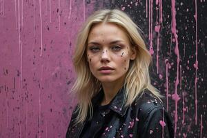 a woman with blonde hair and a black jacket standing in front of a pink wall photo