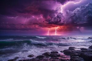 lightning strikes the ocean against a purple sky photo