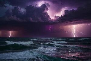 lightning strikes the ocean against a purple sky photo