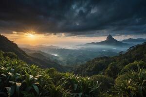 the sun sets over the mountains and vegetation photo