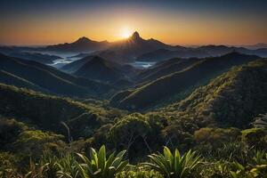 the sun sets over the mountains and vegetation photo