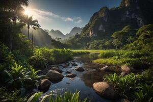 beautiful landscape with river and mountain in thailand photo