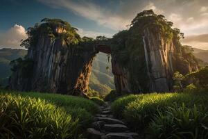 the rock arch in the mountains at sunset photo